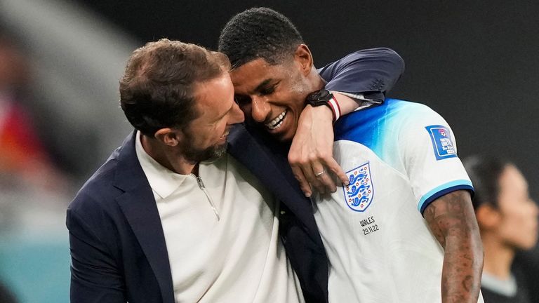 England manager Gareth Southgate with Marcus Rashford after his excellent display against USA