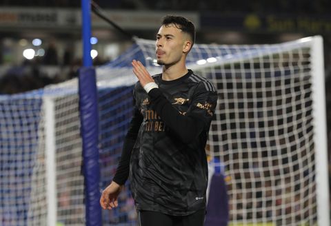 Brighton and Hove, England, 31st December 2022. Gabriel Martinelli of Arsenal blows a kiss towards the fans after scoring their fourth goal during the Premier League match at the AMEX Stadium, Brighton and Hove.