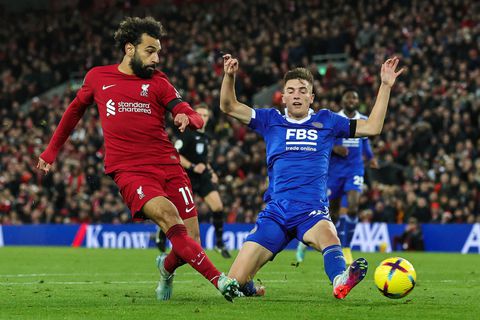 Premier League Liverpool v Leicester City Mohamed Salah 11 of Liverpool shoots on goal during the Premier League match Liverpool vs Leicester City at Anfield, Liverpool, United Kingdom, 30th December 2022 (Photo by Mark Cosgrove/News Images)